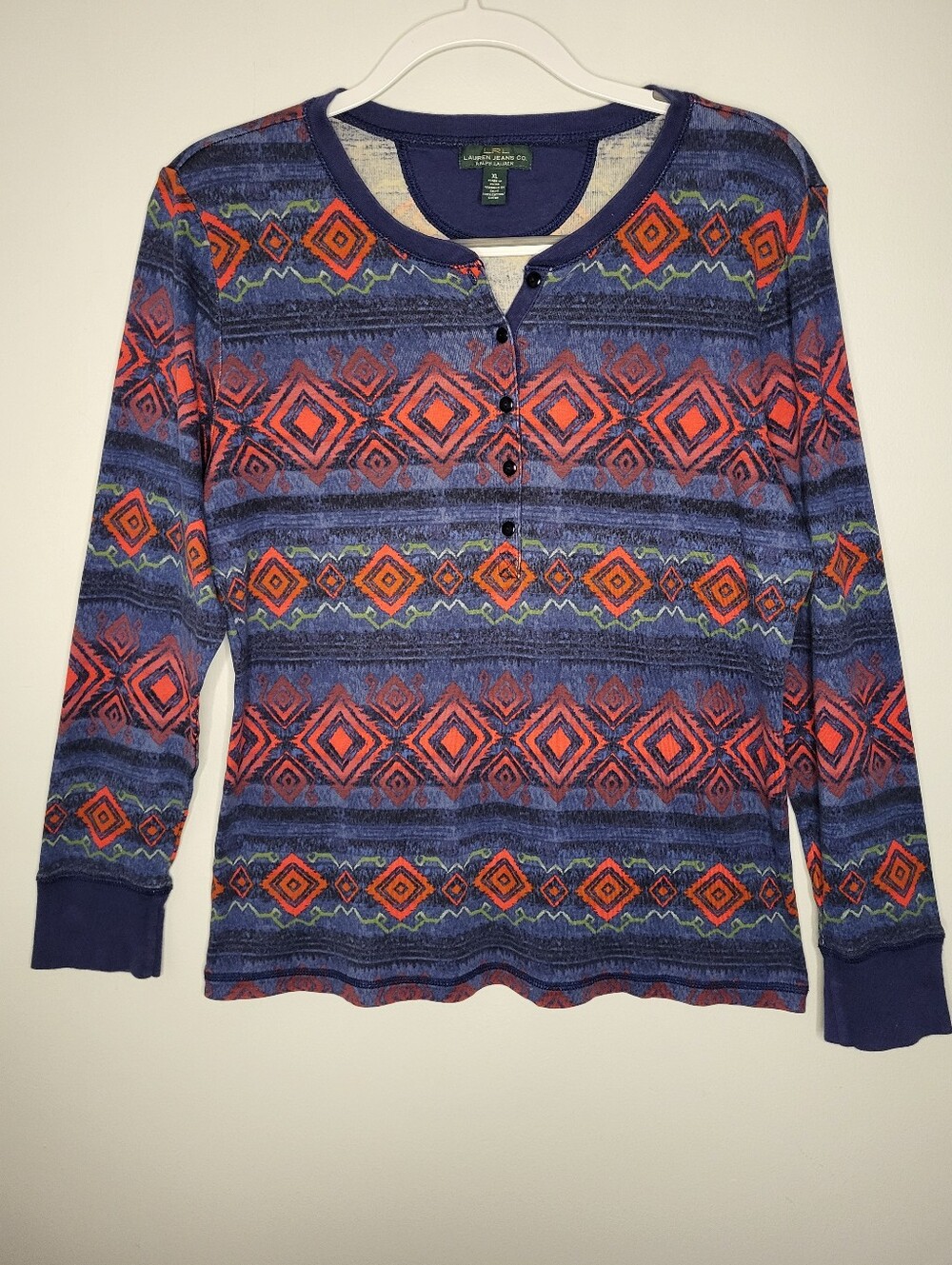 LAUREN JEANS Co LRL Aztec Henley Top Blueish Purple Red Green L/S Women's XL